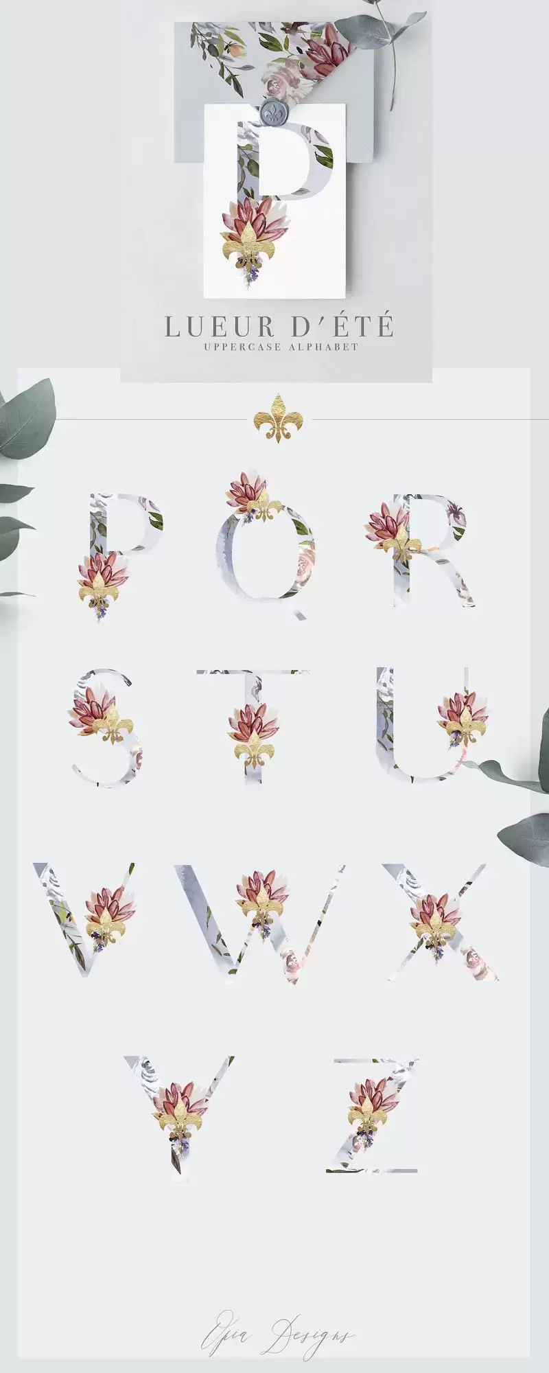 皇家花卉图案花环艺术字母PNG免抠图插图3