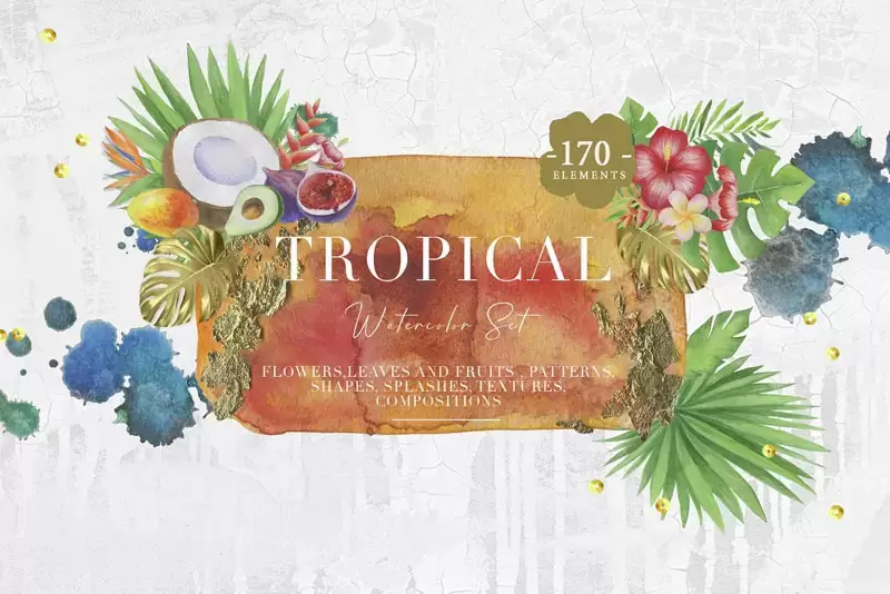 170+水彩花朵、叶子、水果、飞溅效果PNG免抠背景 框架 插图插图1