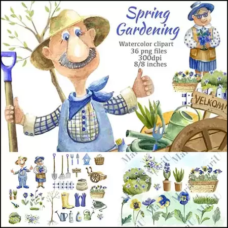 36款春季花园园艺工具、绿化和园丁人物PNG免抠图插图