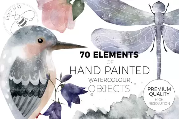 70个手绘水彩和水墨花卉动物昆虫PNG免抠图剪贴画插图2