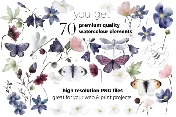 70个手绘水彩和水墨花卉动物昆虫PNG免抠图剪贴画插图12