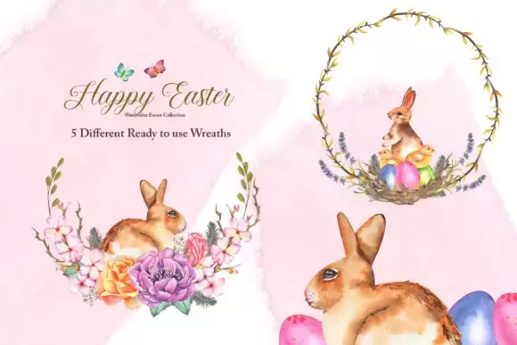 复活节水彩兔子花卉剪贴画图案花圈花环PNG免抠图插图6