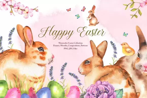 复活节水彩兔子花卉剪贴画图案花圈花环PNG免抠图插图1