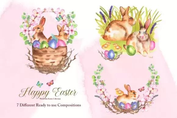 复活节水彩兔子花卉剪贴画图案花圈花环PNG免抠图插图8