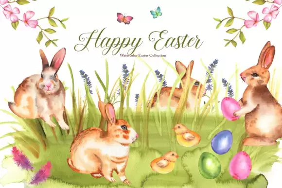 复活节水彩兔子花卉剪贴画图案花圈花环PNG免抠图插图2