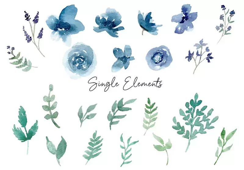 3套90+款蓝色水彩花卉剪贴画PNG免抠图插图8