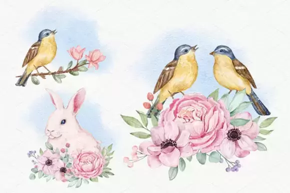 30款可爱动物兔子小鸟和水彩花卉PNG免抠图插图5