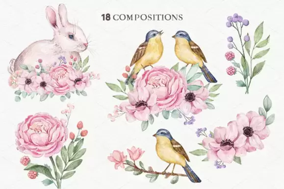 30款可爱动物兔子小鸟和水彩花卉PNG免抠图插图2