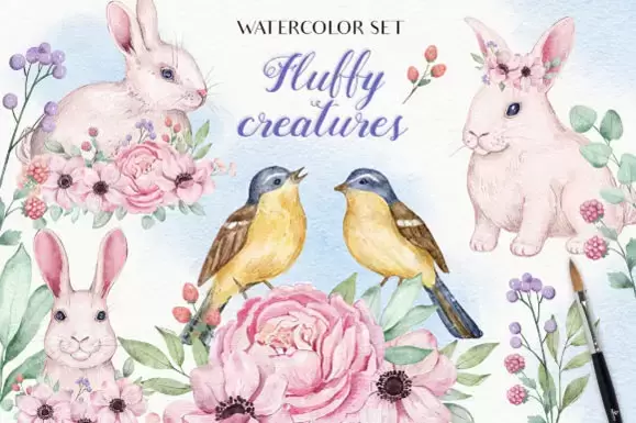 30款可爱动物兔子小鸟和水彩花卉PNG免抠图插图1