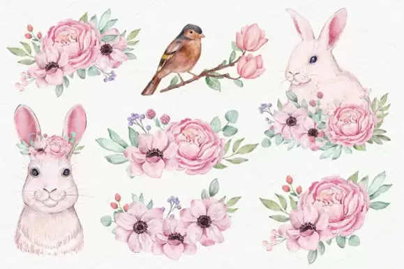30款可爱动物兔子小鸟和水彩花卉PNG免抠图插图6