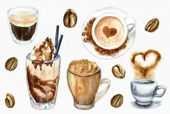 咖啡豆热咖啡冰咖啡水彩剪贴画PNG免抠图插图2