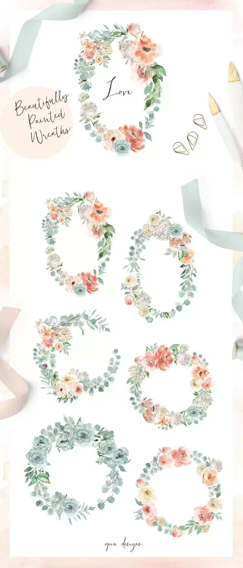 水彩花卉植物花环 背景 框架 花束和字母符号PNG免抠图插图10