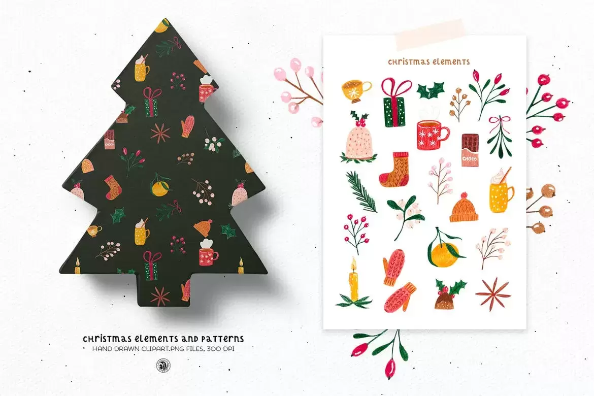手绘圣诞节新年元素和图案背景PNG免抠图插图1