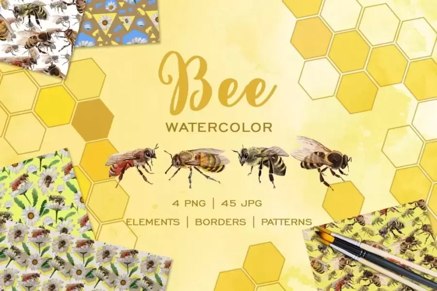 49个蜜蜂PNG免抠图和蜜蜂水彩JPG高清白底图插图1