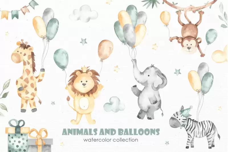 可爱卡通动物气球水彩插画手绘剪贴画JPG/PSD/PNG免抠图插图1