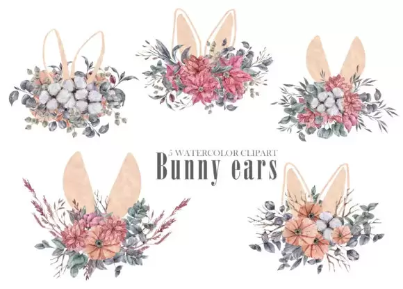 5款高质量水彩花卉兔子耳朵剪贴画PNG免抠图插图1
