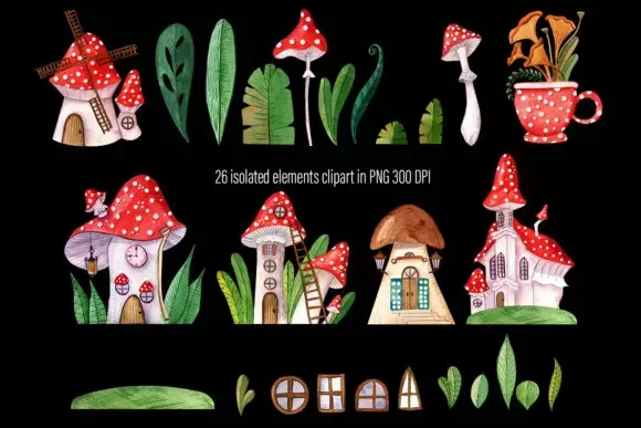 26款手绘水彩童话蘑菇房子 花园房子PNG免抠图插图4