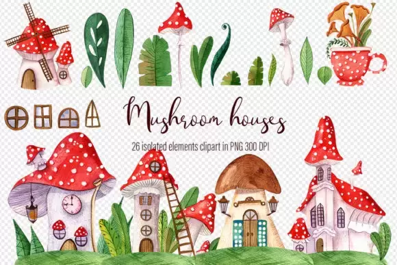 26款手绘水彩童话蘑菇房子 花园房子PNG免抠图插图1
