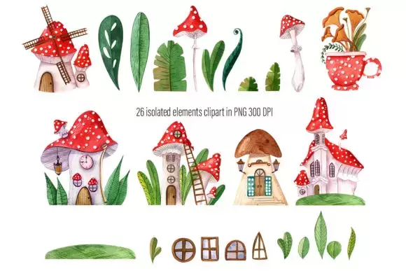26款手绘水彩童话蘑菇房子 花园房子PNG免抠图插图2