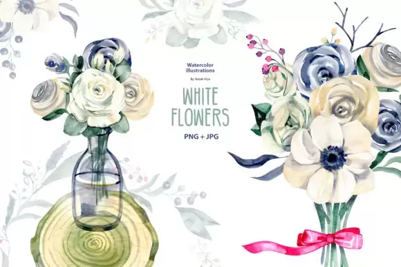 24款白色水彩花卉背景花圈画框PNG免抠图插图1