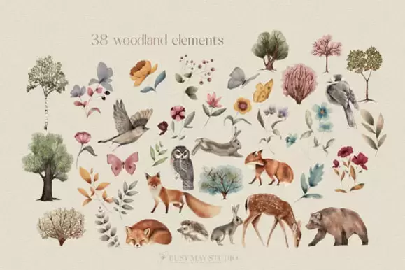 38款森林树木,灌木丛,花朵,树叶,蝴蝶和动物PNG免抠图插图2