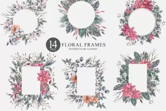 14款水彩花卉花框框架剪贴画PNG免抠图插图1