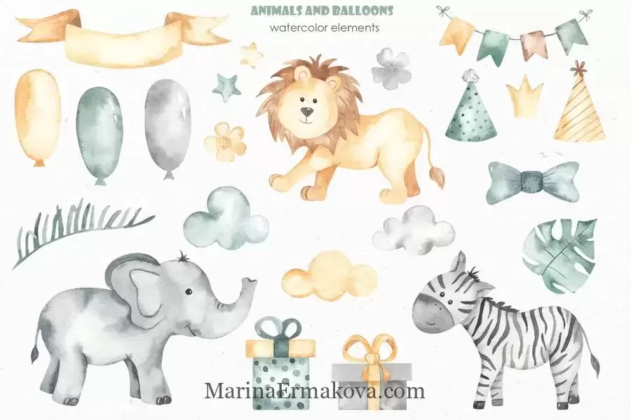 可爱的卡通动物和气球水彩剪贴画PSD/JPG/PNG免抠图插图1