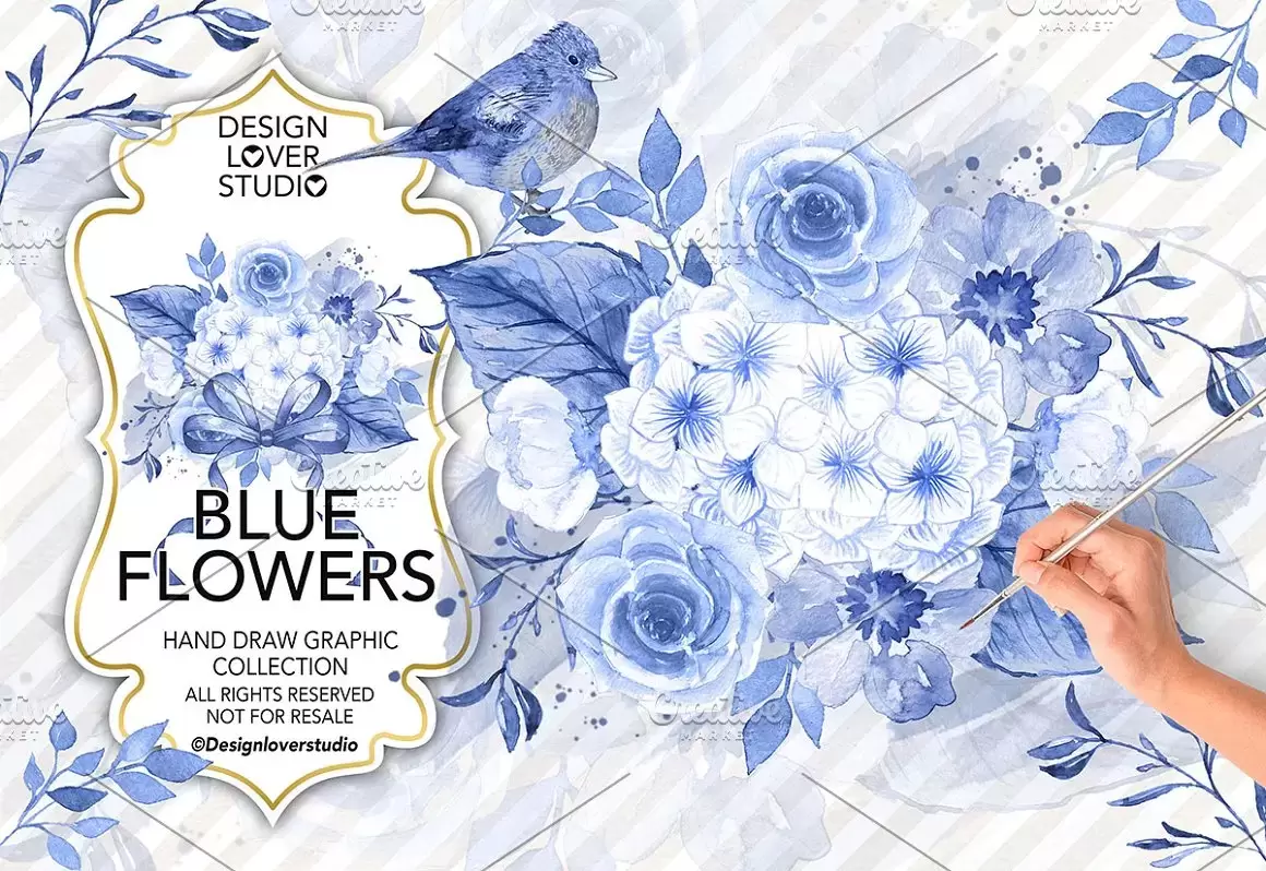 蓝色水彩花卉环圈花环剪贴画PNG免抠图插图1