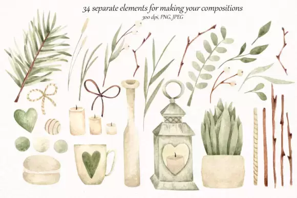 手绘水彩花环植物爱心自然素材PNG免抠图插图2