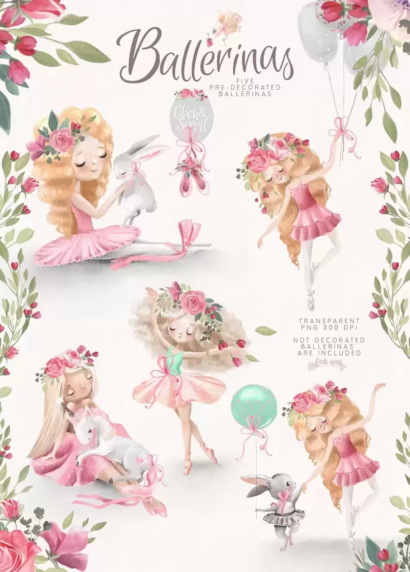 跳芭蕾舞的手绘水彩女孩和兔子 小猫 火烈鸟及花卉无缝PNG元素插图2
