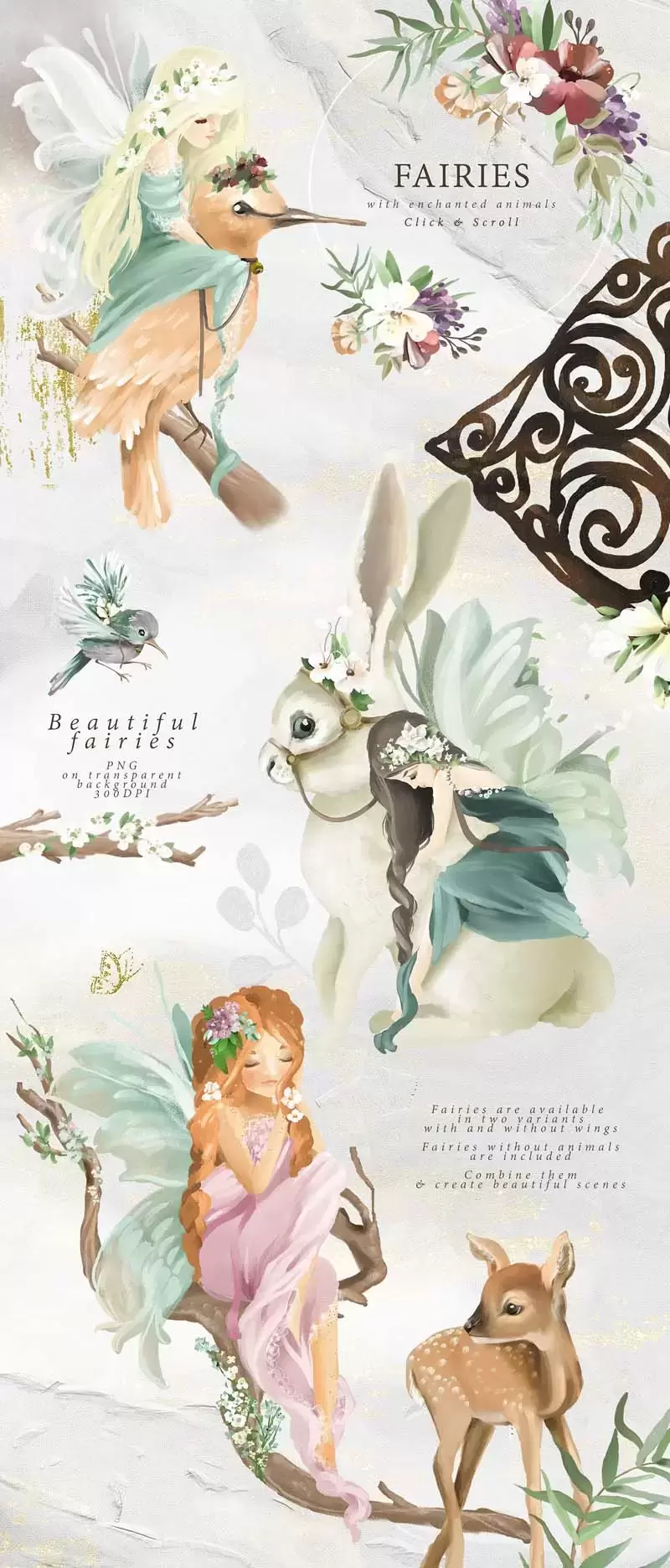 卡通小仙女及魔法动物花卉PNG手绘油画剪贴画插图2