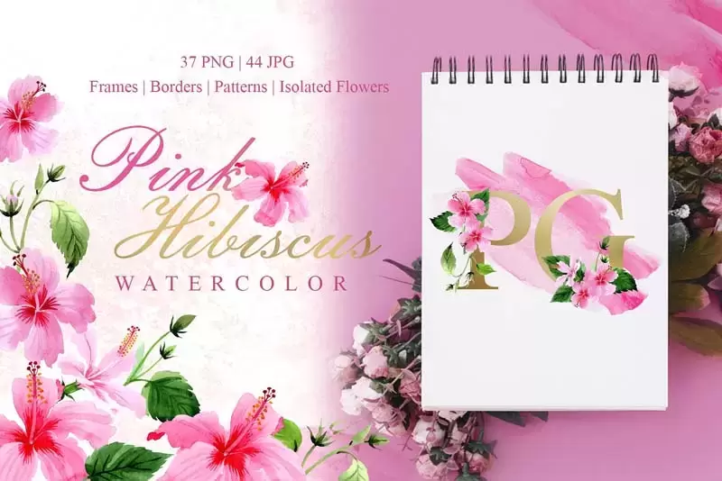 粉红色水彩芙蓉花卉PNG剪贴画插图1