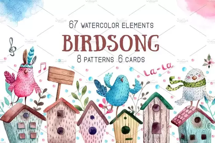 67款水彩手绘小鸟和鸟笼等PNG无缝背景插图1