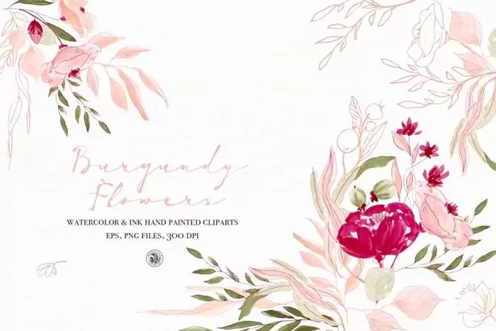 勃艮第鲜花 – 手绘花卉水彩和墨水剪贴画插图1