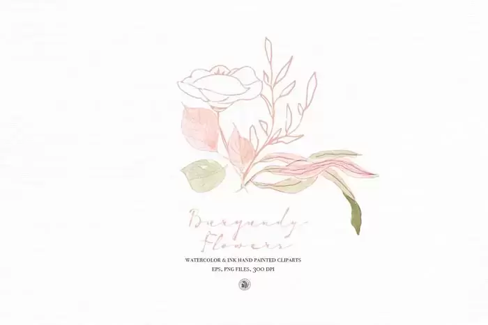 勃艮第鲜花 – 手绘花卉水彩和墨水剪贴画插图2