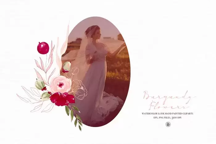 勃艮第鲜花 – 手绘花卉水彩和墨水剪贴画插图4