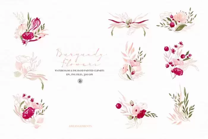 勃艮第鲜花 - 手绘花卉水彩和墨水剪贴画插图7