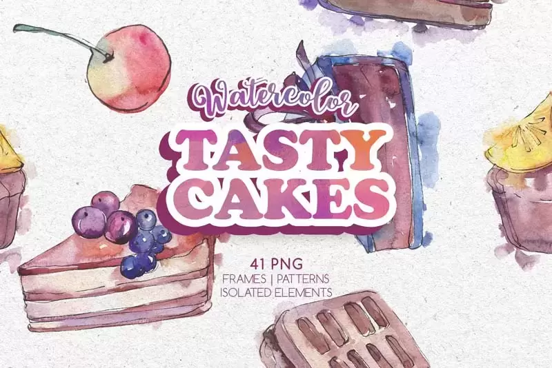 美味蛋糕手绘水彩PNG免抠图插图1