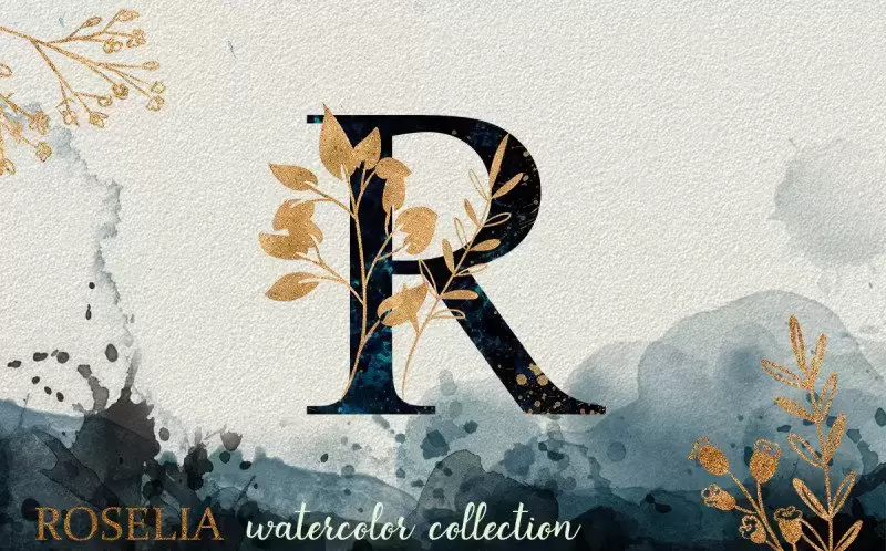 水彩字母和插花花卉PNG无缝背景素材插图1