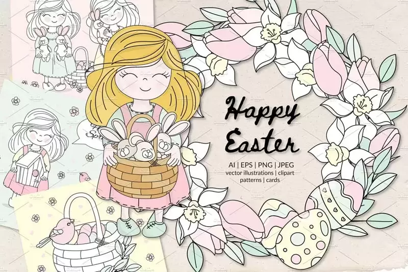 复活节可爱女孩和兔子花环等PNG无缝背景和插图插图1