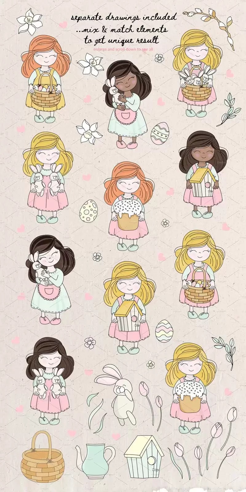 复活节可爱女孩和兔子花环等PNG无缝背景和插图插图4