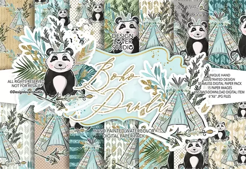 波西米亚风水彩可爱卡通熊猫 竹子 叶子 无缝PNG免抠图插图1