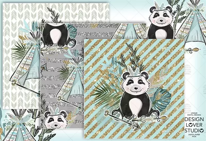 波西米亚风水彩可爱卡通熊猫 竹子 叶子 无缝PNG免抠图插图6