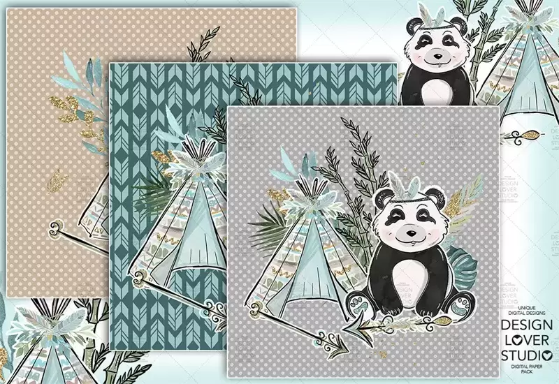 波西米亚风水彩可爱卡通熊猫 竹子 叶子 无缝PNG免抠图插图4