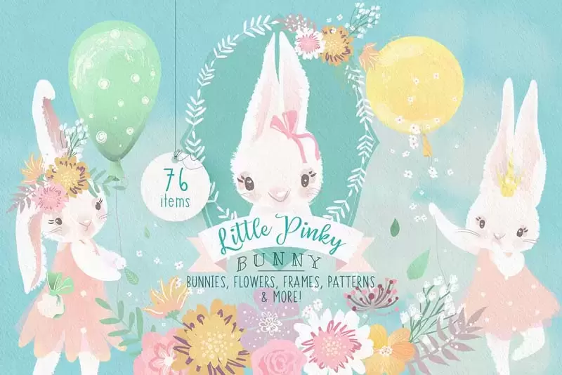 可爱兔子鲜花及装饰品花卉矢量和PNG免抠图插图1