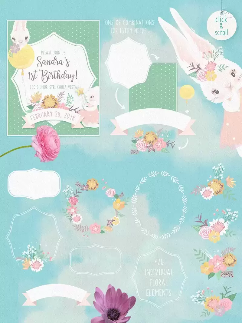 可爱兔子鲜花及装饰品花卉矢量和PNG免抠图插图4