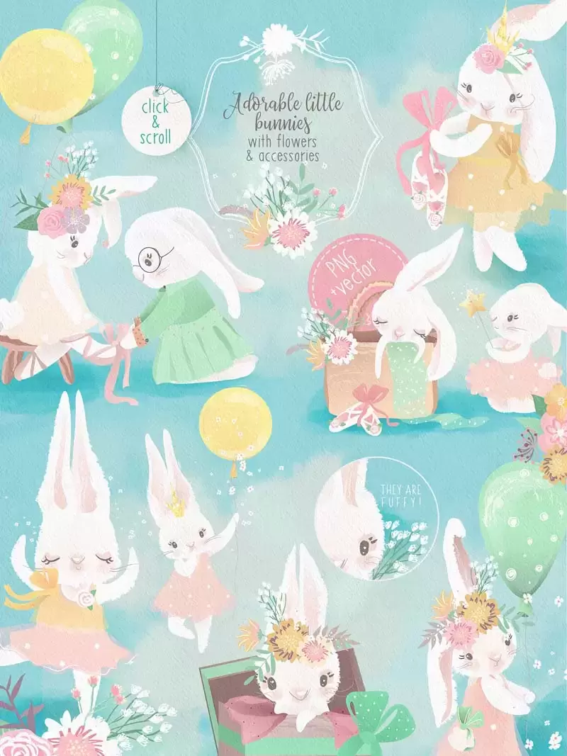 可爱兔子鲜花及装饰品花卉矢量和PNG免抠图插图2
