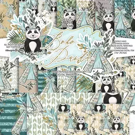 波西米亚风水彩可爱卡通熊猫 竹子 叶子 无缝PNG免抠图插图