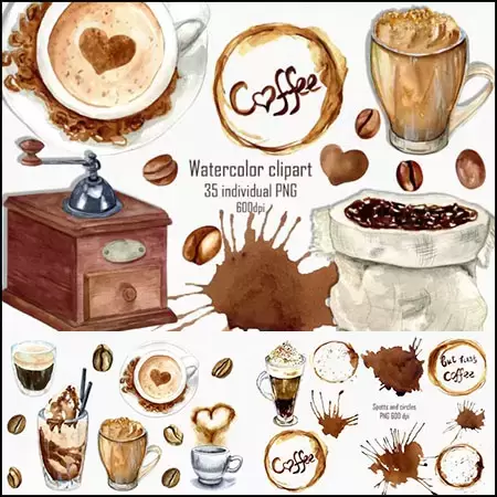 咖啡豆热咖啡冰咖啡水彩剪贴画PNG免抠图插图