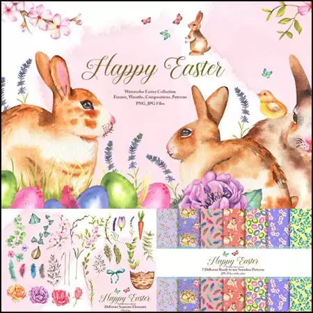 复活节水彩兔子花卉剪贴画图案花圈花环PNG免抠图插图